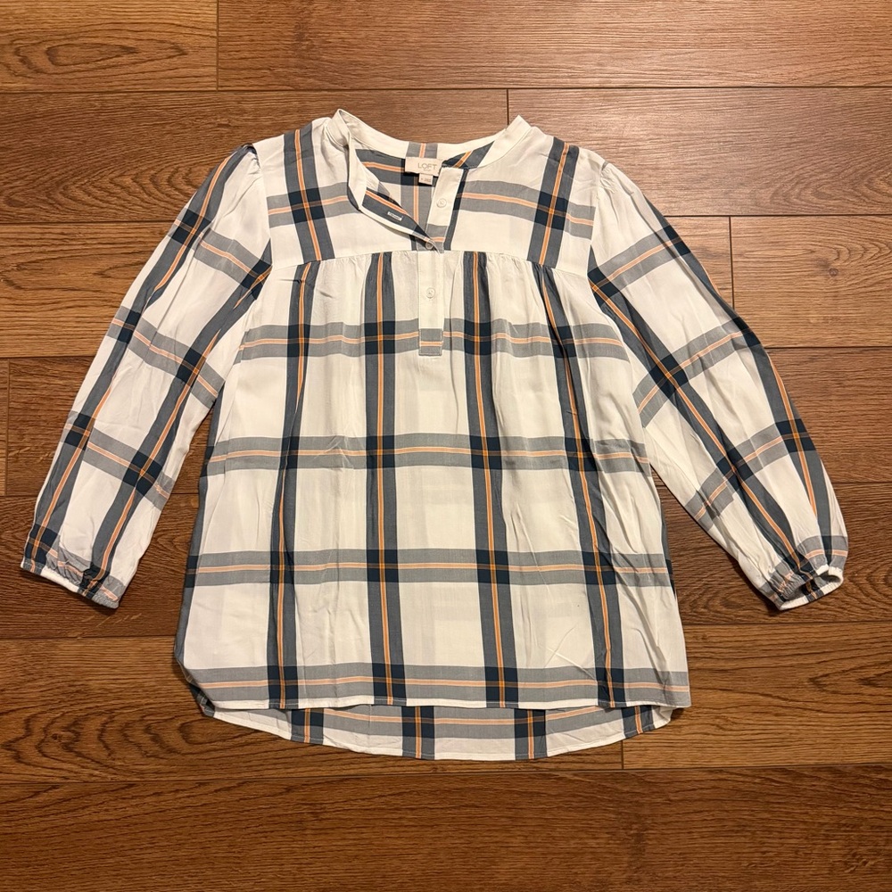 LOFT White Plaid Button Peasant Top with Grey & Tan Stripes‎ M cropped sleeve
